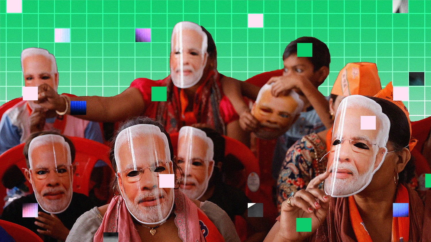 A cutout of people wearing masks of Indian Prime Minister Narendra Modi against a background of checkerboard green and pink squares.