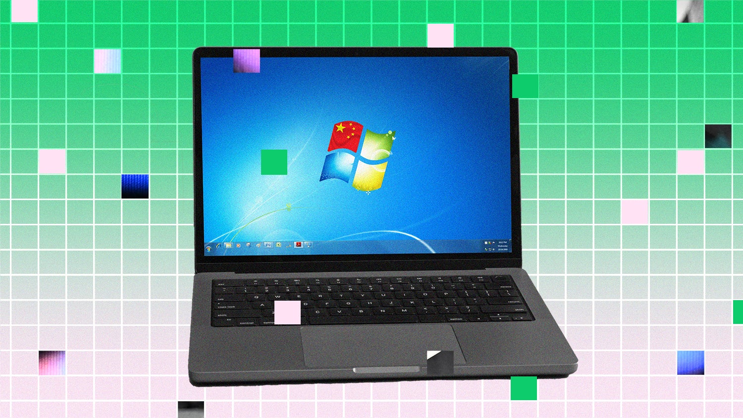 A collage of a laptop screen showing a Microsoft Windows logo on a blue wallpaper. The top left frame of the logo is replaced with a China flag. The laptop is set against a background of checkerboard green and pink squares.