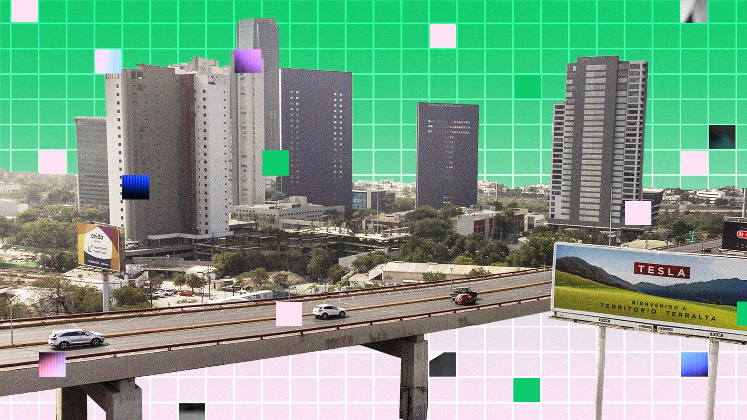 A cutout of an aerial image of a highway in Mexico with tall buildings behind it. In front of the highway is a billboard with the sign "Tesla - Benvenido a territorio terralta". The cutout is set against a green and pink grid background with checkerboard squares.
