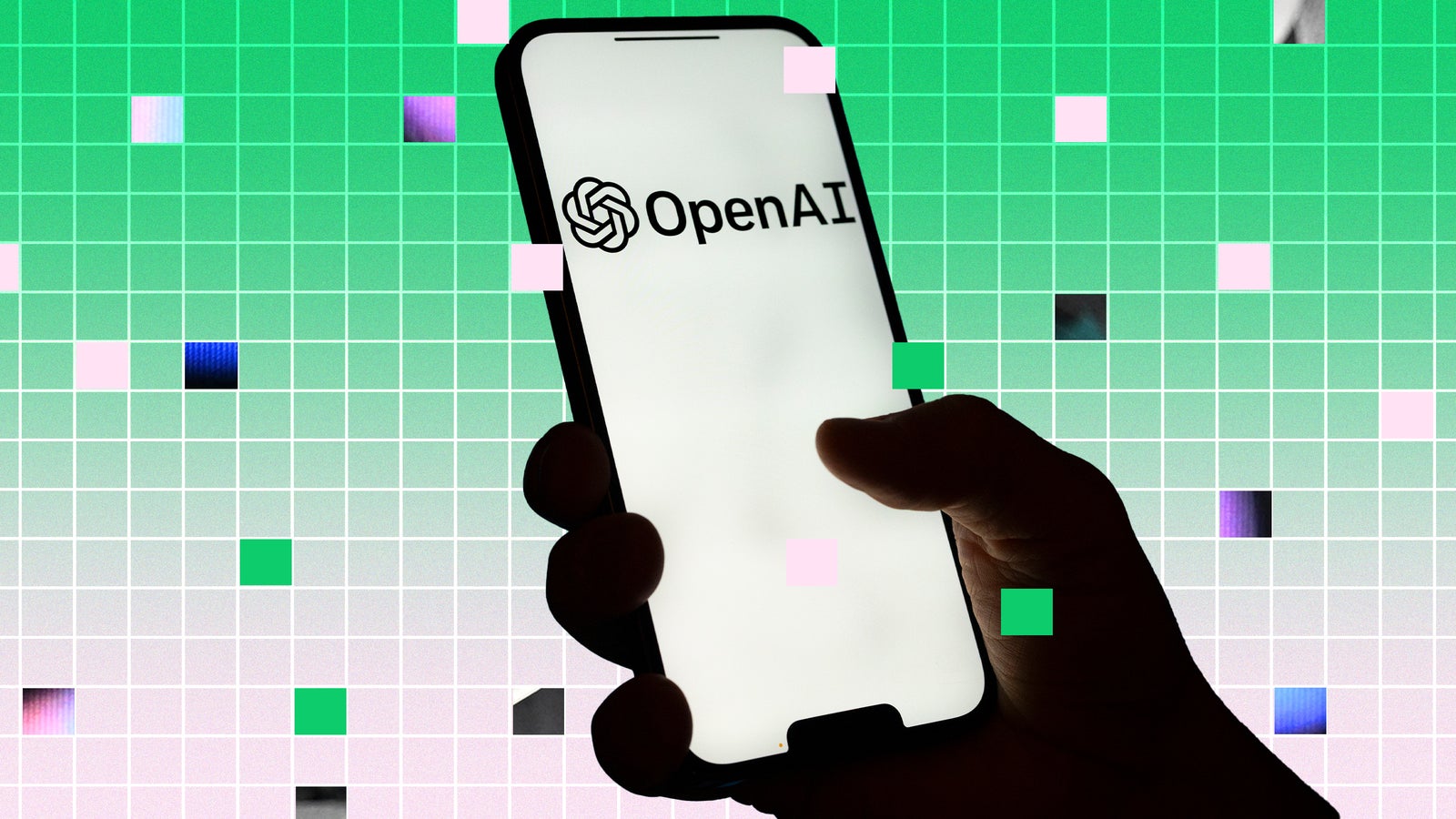 A collage image showing a hand holding a phone with the company name and logo of OpenAI, against a green, checkered background.