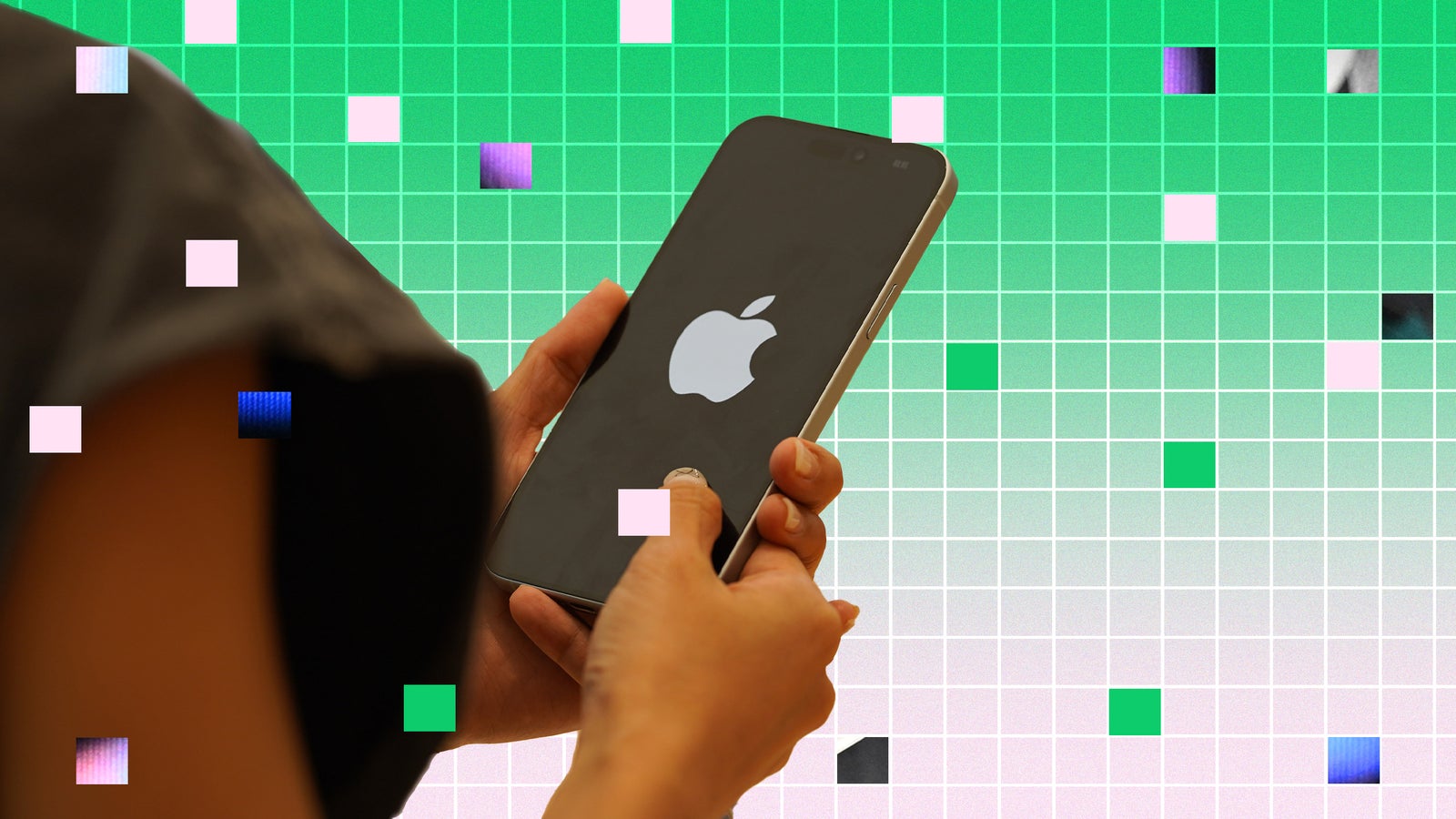 A photo collage showing a body and hands holding an iPhone with the Apple logo displayed on the screen.