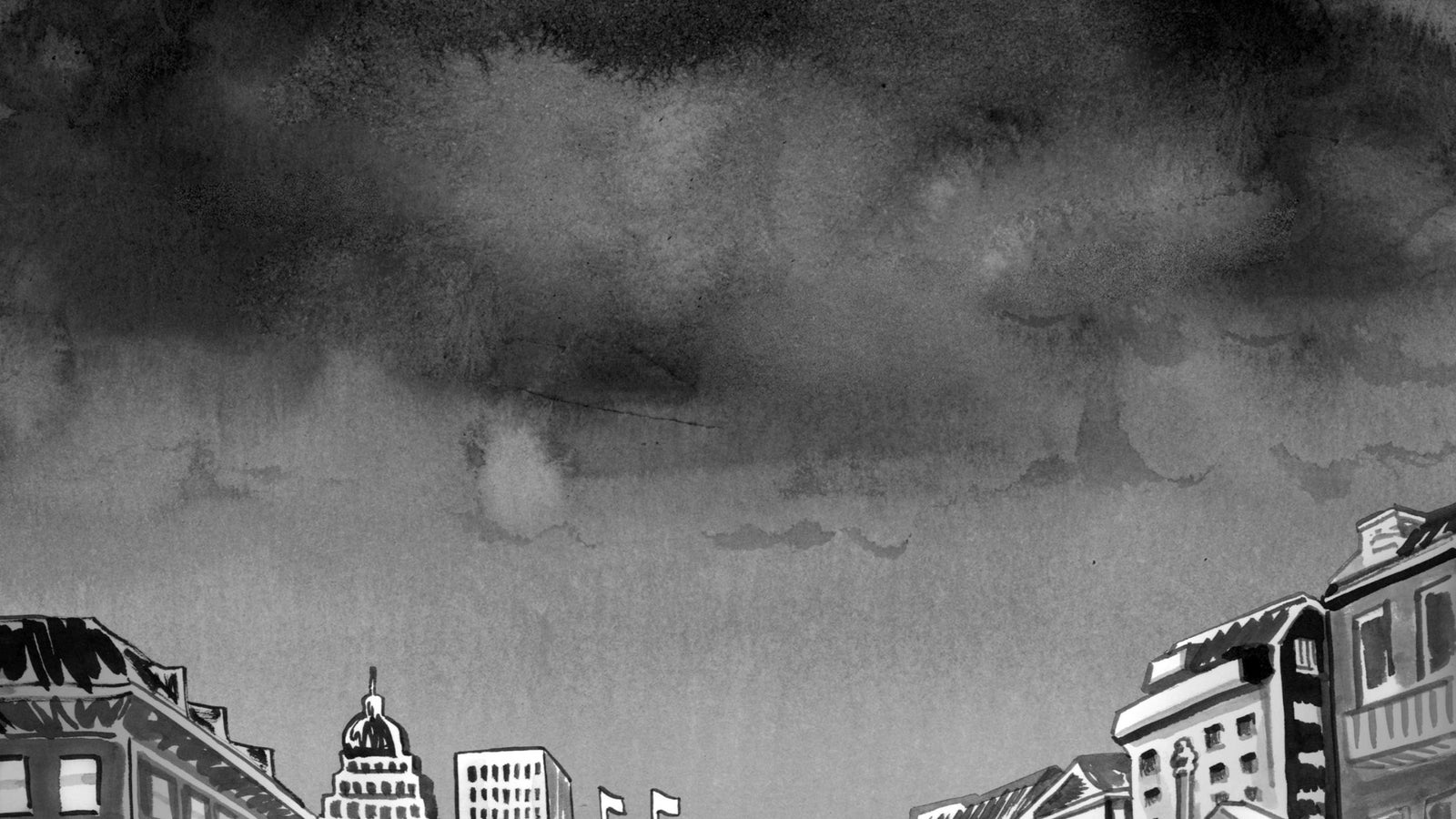 Black and white illustration of a sky over a the roofs of buildings in a city.