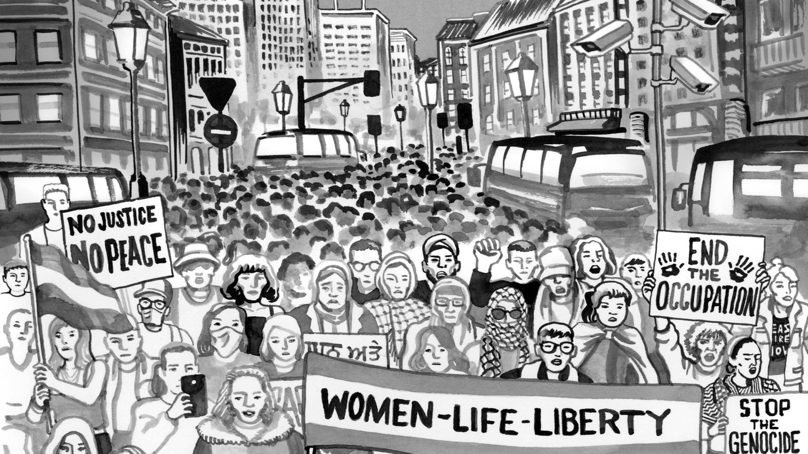 Black and white illustration of a protest in a city environment with people holding signs and shouting.