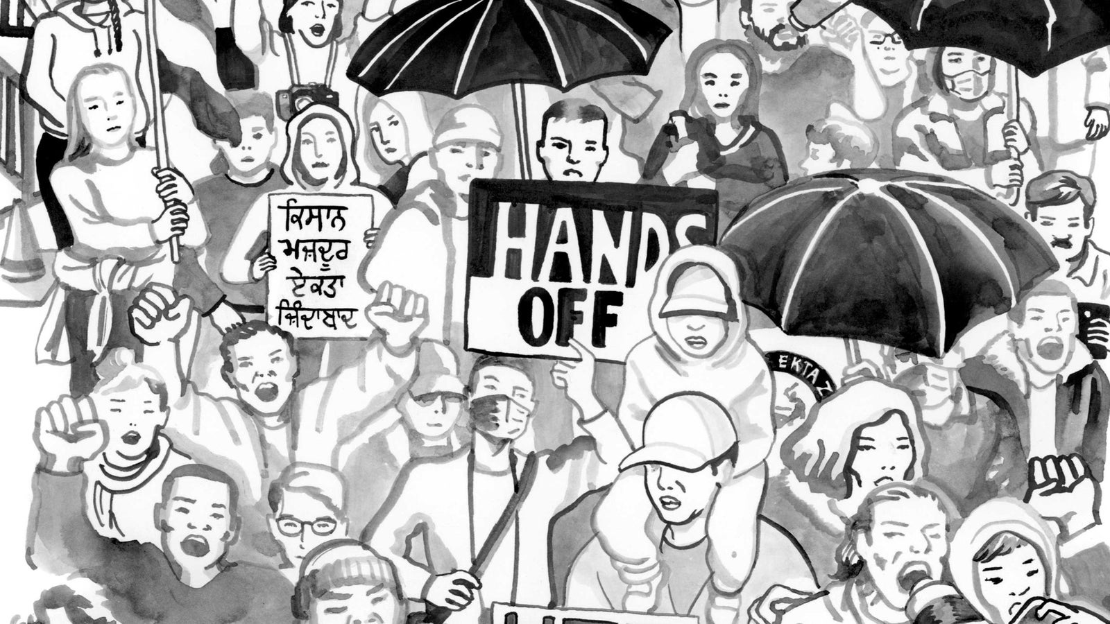Black and white illustration of a protest with people holding signs and shouting.