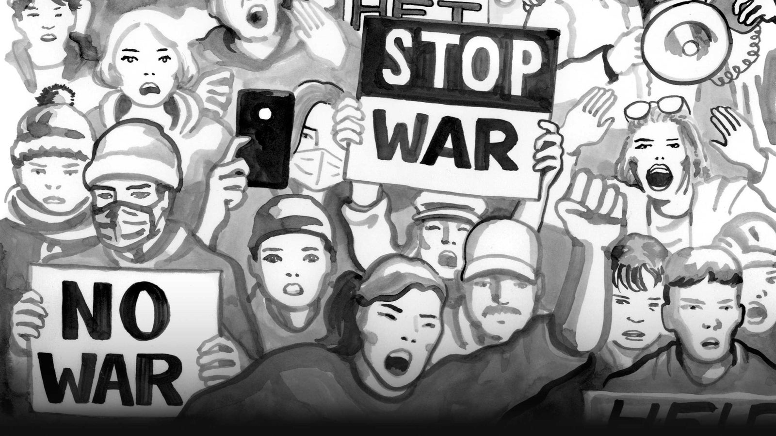 Black and white illustration of a protest with people holding signs and shouting.
