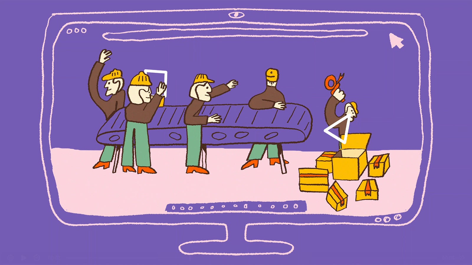 An animated scene depicting several workers in hard hats, waving from a conveyor belt, while another worker, also in a hard hat, uses scissors to cut tape on a stack of yellow boxes nearby, all set against a purple background.