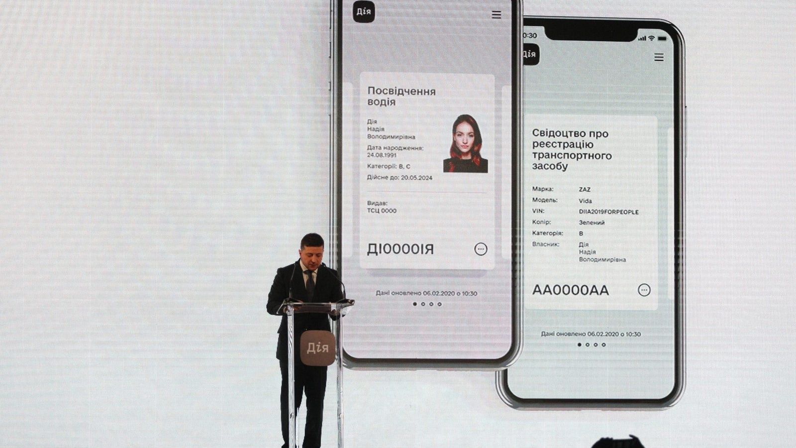 President of Ukraine Volodymyr Zelenskyy delivers a speech during the presentation of the Diia app.