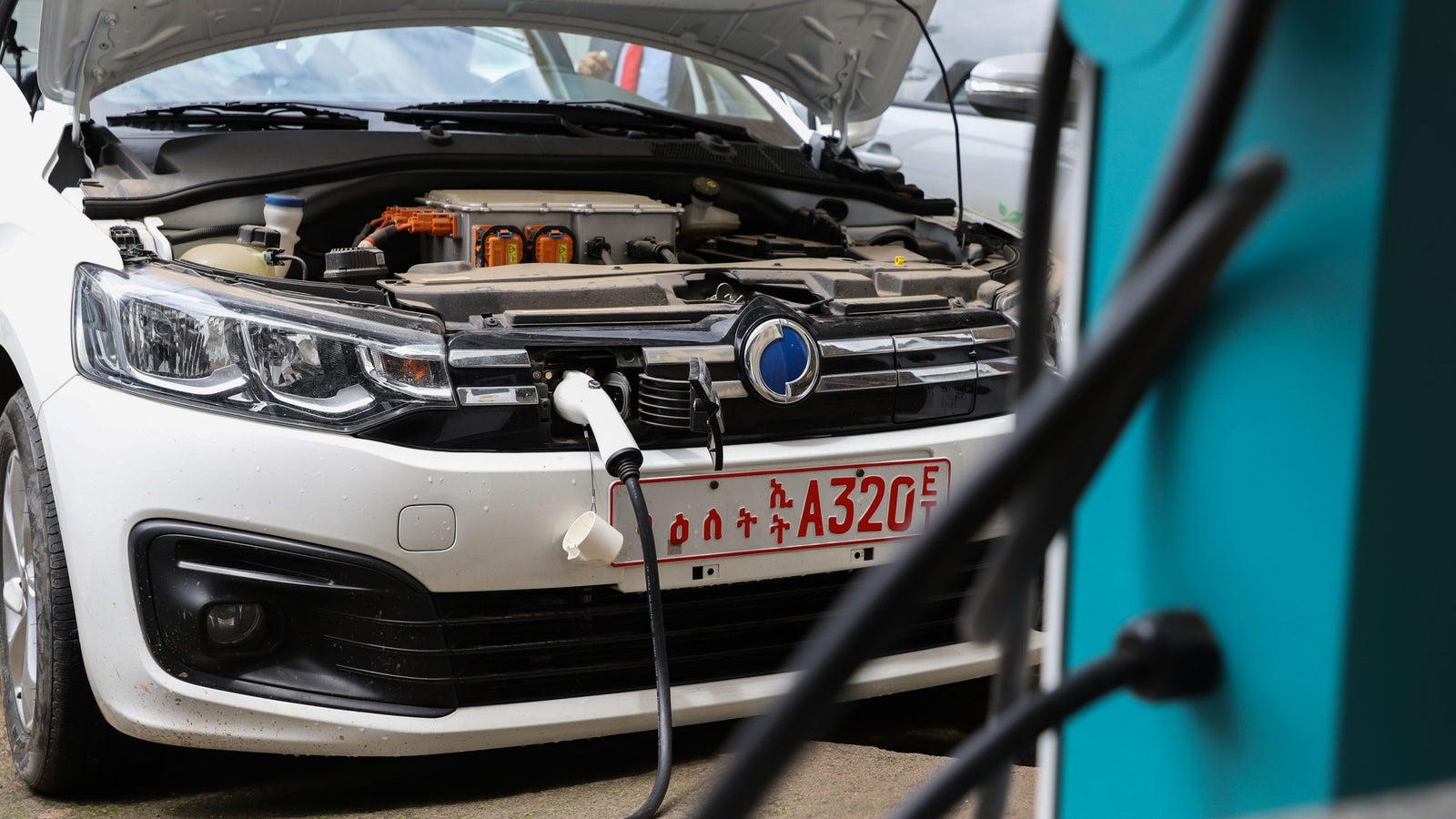 A photography of cables connected to a white electric car with its hood raised.