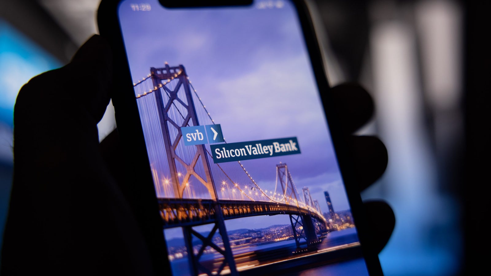 The Silicon Valley Bank logo on a smartphone screen.