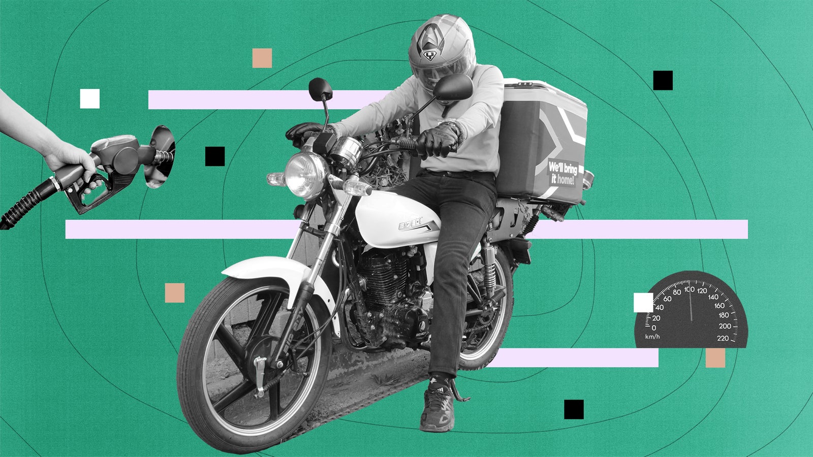A collage image mixing black and white photographs, over a teal background with a thin black circle, black and tan squares, and light purple lines, showing a food delivery rider wearing a helmet on a motorbike, a speedometer at a 100kmph and a hand holding a fuel pump.