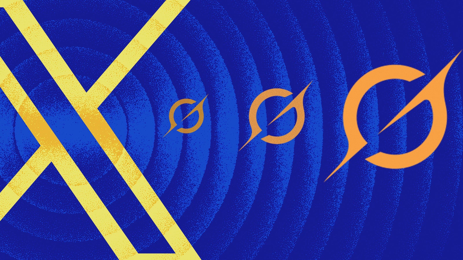 Abstract graphic featuring a blue background with concentric circles, and orange symbols progressively increasing in size, interspersed with a yellow "X" shape.