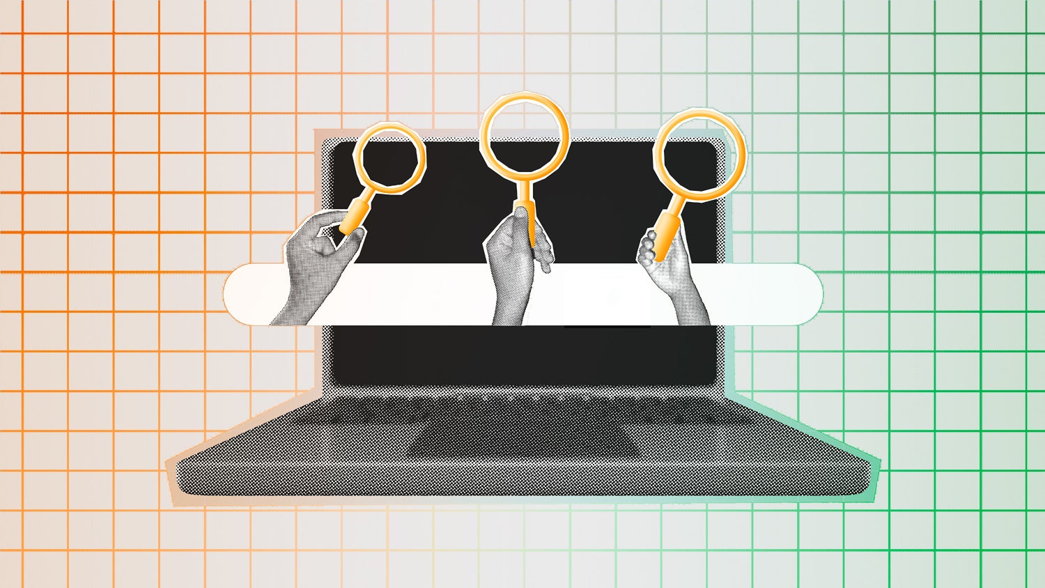 Hands holding magnifying glasses above a laptop screen, set against a grid-patterned background in orange, green, and white.