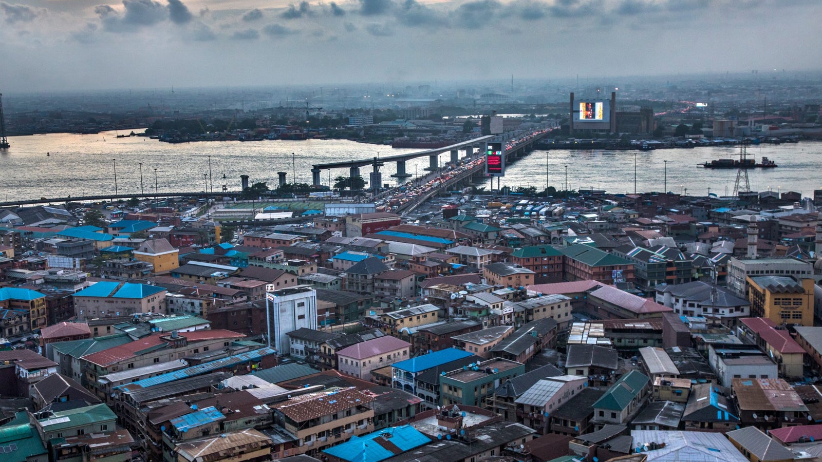 An ariel view of Lagos Island overlooking Eko bridge.