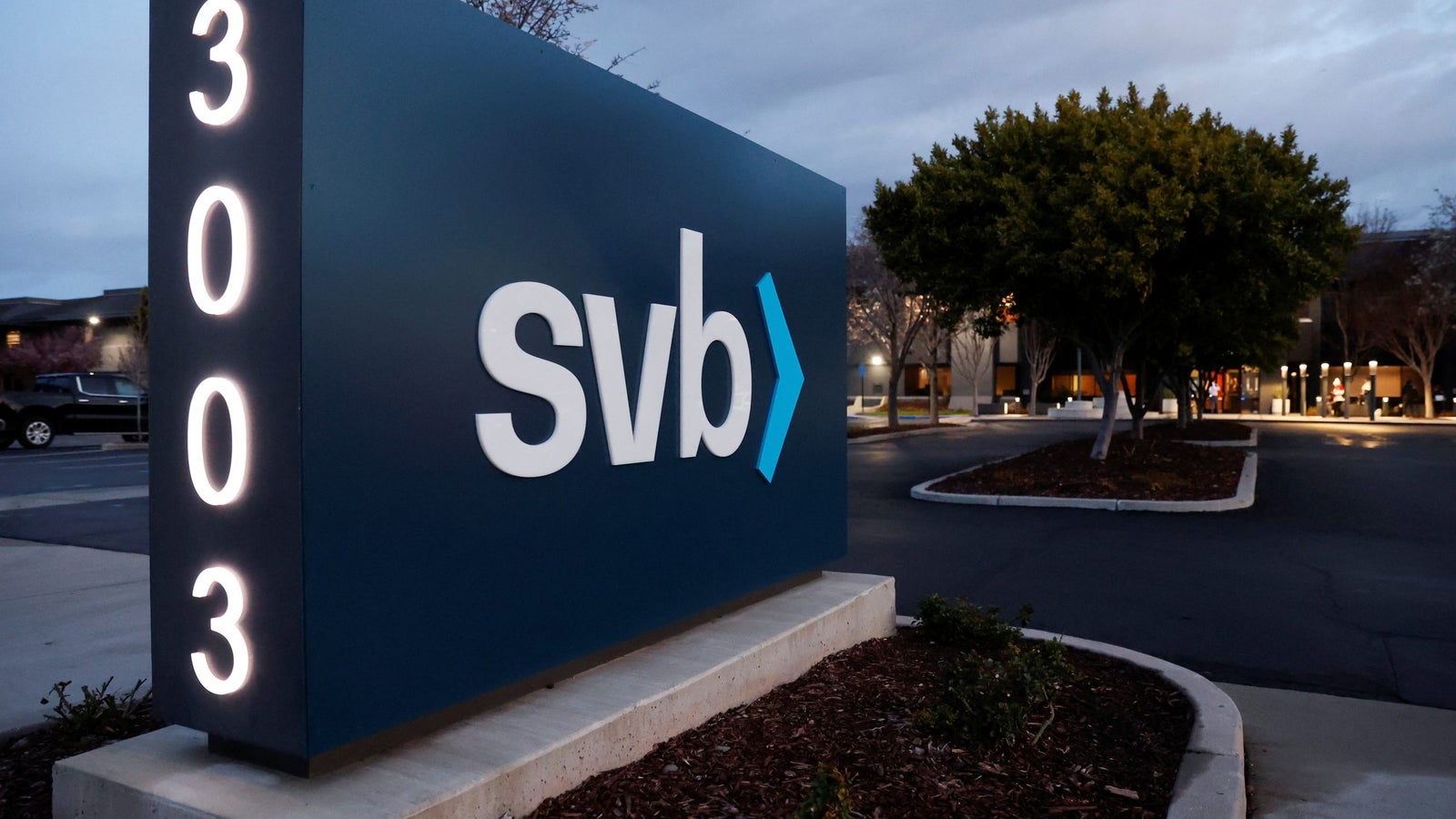 The Silicon Valley Bank headquarters seen from the street in Santa Clara, California.