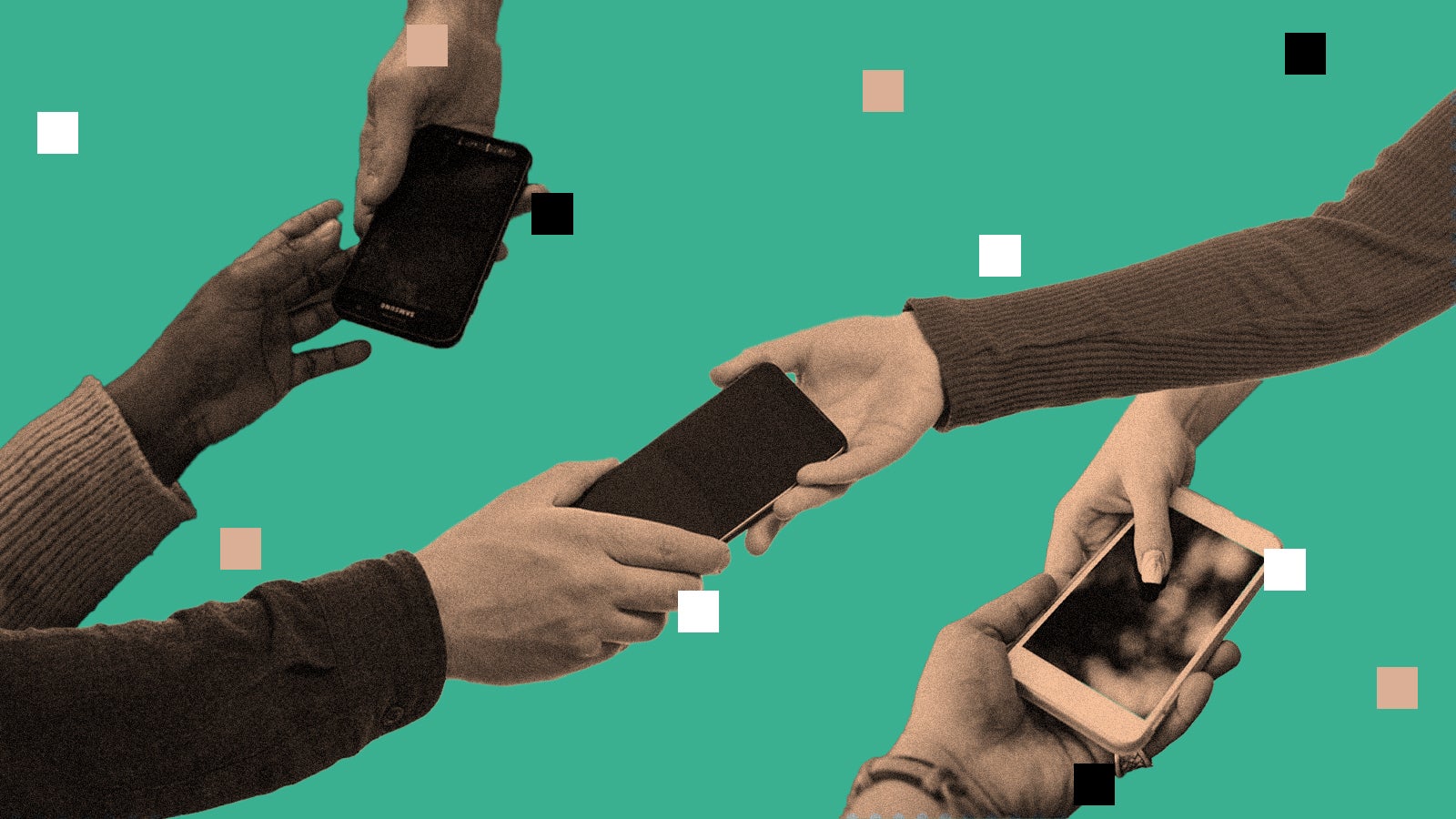 A collage image mixing orange tinted photos of multiple hands passing a phone between them, over a teal background with black and tan squares.
