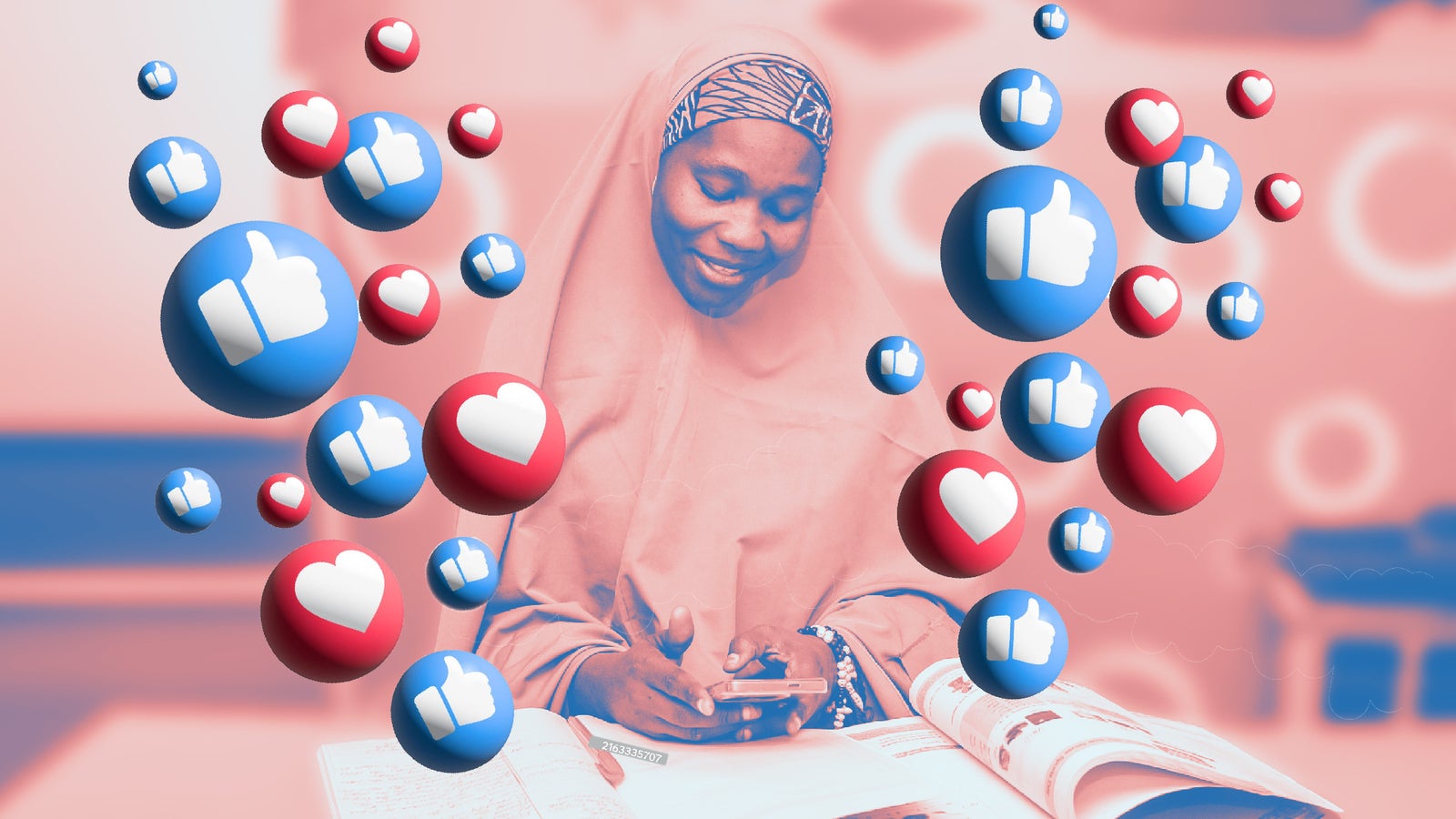 A woman in a hijab smiles while using her phone, surrounded by floating like and heart icons in a colorful background.