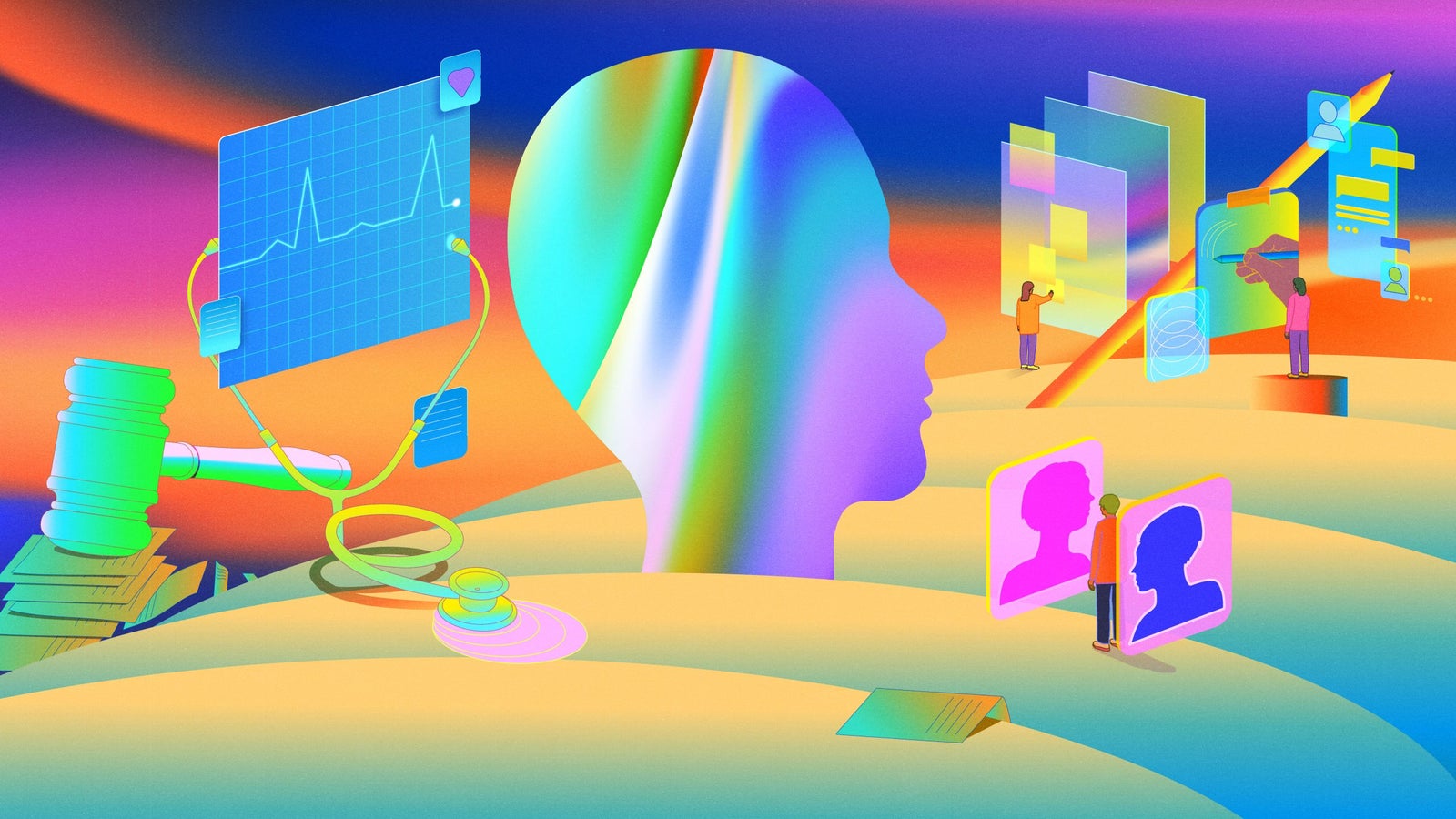 A colorful abstract illustration featuring a large head silhouette, medical tools, graphs, and people interacting with digital screens.