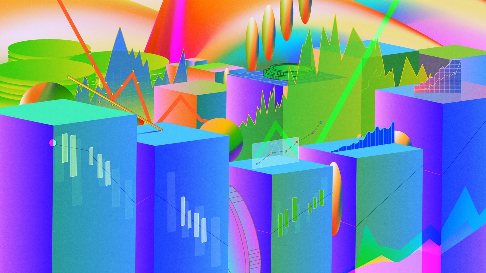 Colorful abstract illustration featuring geometric shapes, lines, and graphs representing data analysis or finance.
