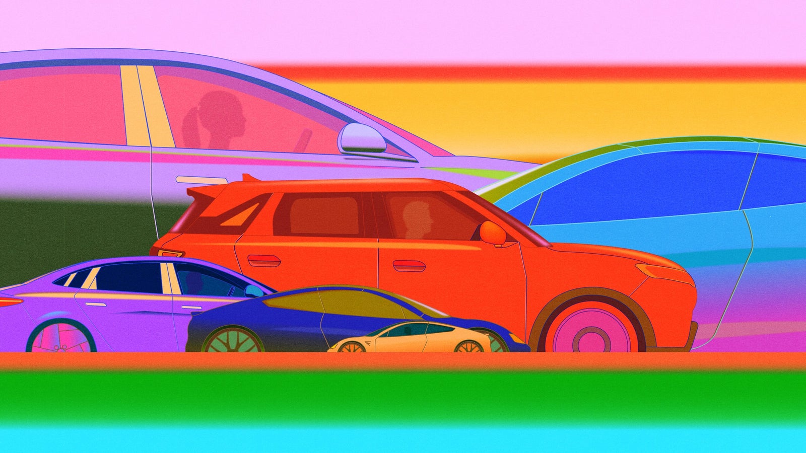An abstract illustration of various cars in bright colors on a gradient background, showcasing diverse vehicle shapes.