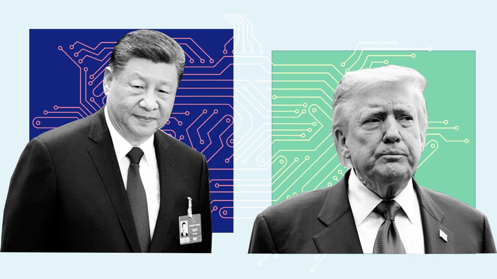 A split image featuring Xi Jinping and Donald Trump against colorful backgrounds with circuit patterns.