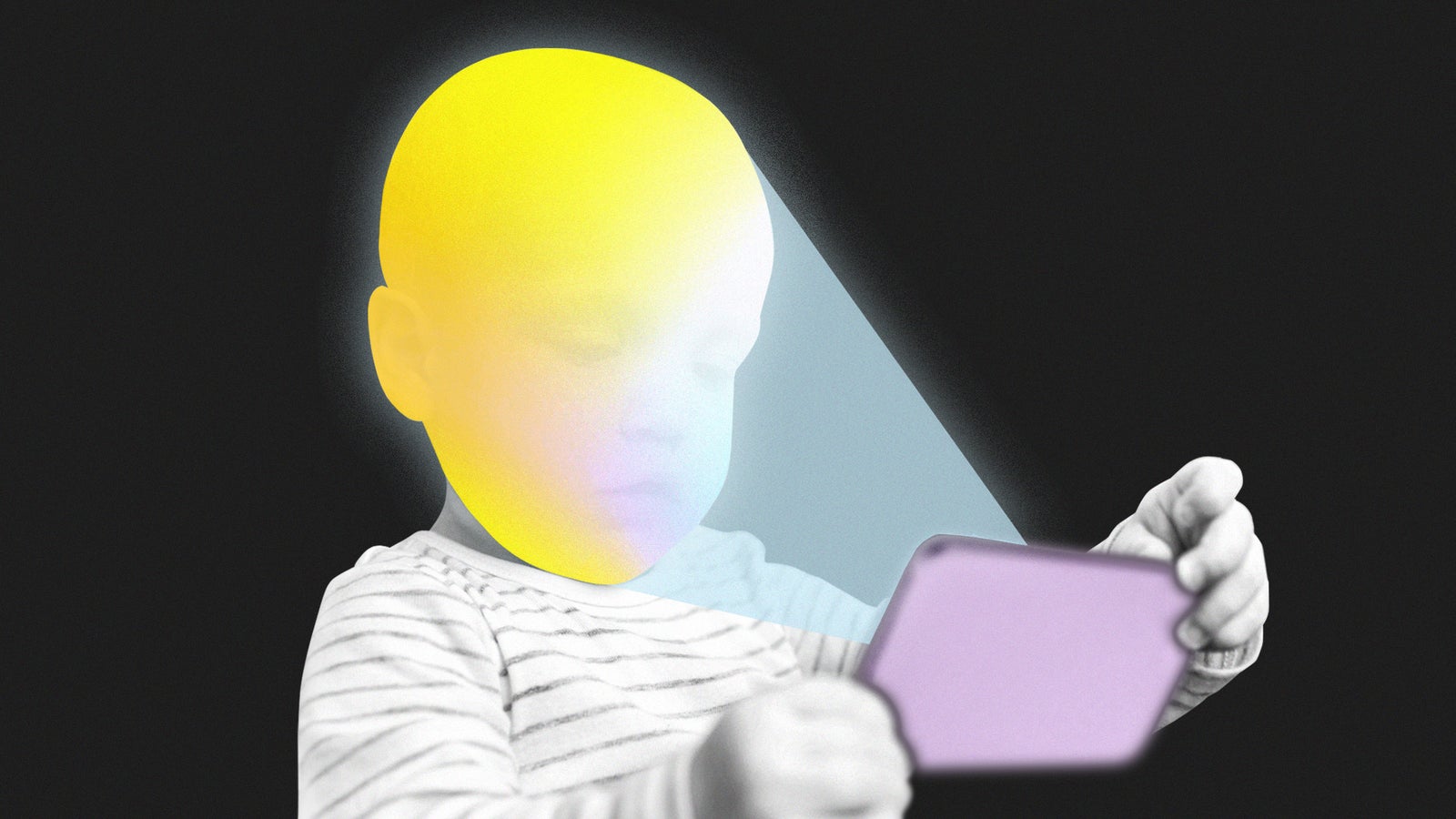 A child with a bright yellow head is focused on a phone, illuminated by the screen, against a dark background.