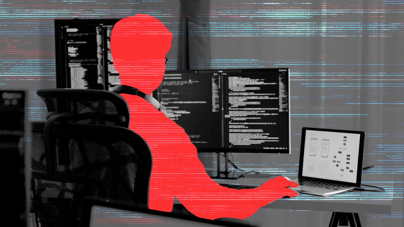 A silhouette of a person seated at a desk with multiple computer screens displaying code and designs.