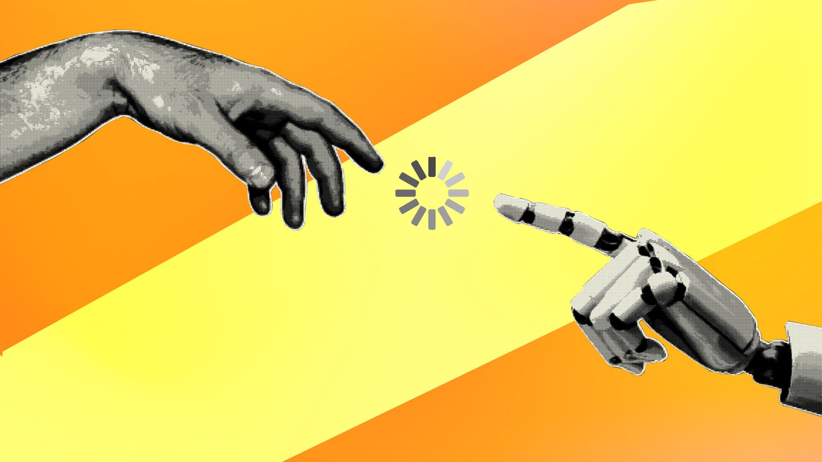 A human hand reaching towards a robotic hand, set against an orange gradient background with a loading symbol in the center.