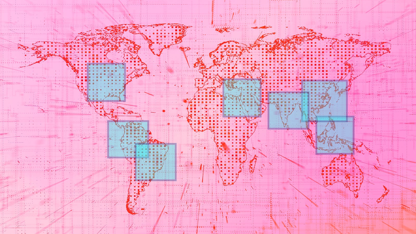 A world map in red and pink tones, featuring blue squares highlighting specific regions across various continents.