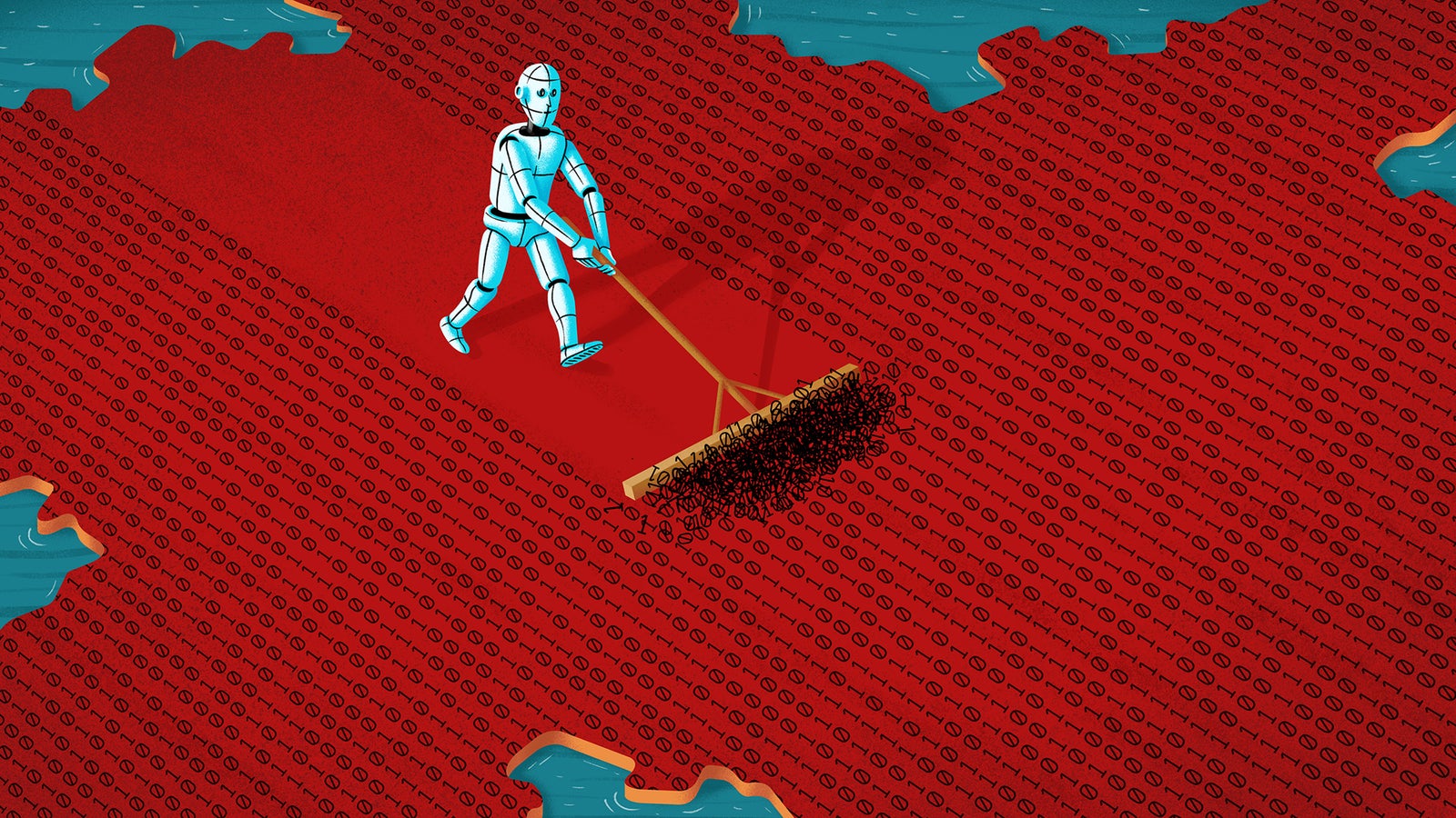 A robotic figure with a humanoid appearance is raking a surface covered in binary code (0s and 1s) against a red backdrop, with a blue water edge visible in one corner.