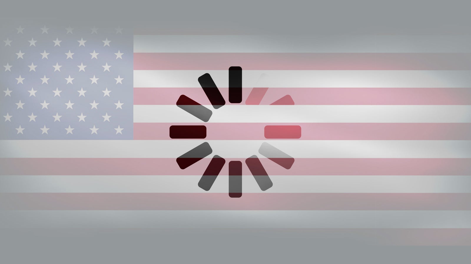 A loading symbol is superimposed on a faded American flag background.