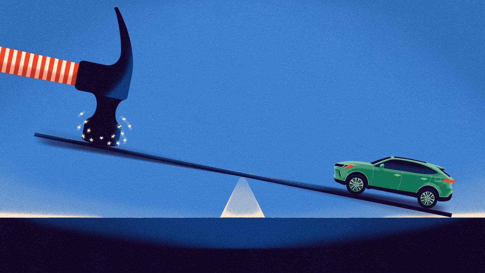 An illustration showing a large hammer, with a red and white striped handle, striking a horizontal plank. On the right side of the plank, a green SUV is positioned, appearing to balance on the plank which is inclined towards a triangular base below.