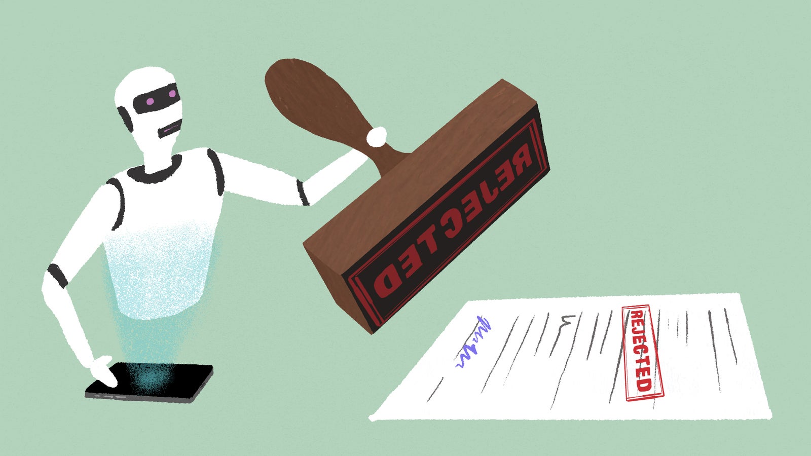 A robotic figure is using a large rubber stamp that says 'REJECTED' to stamp a document on a light green background.