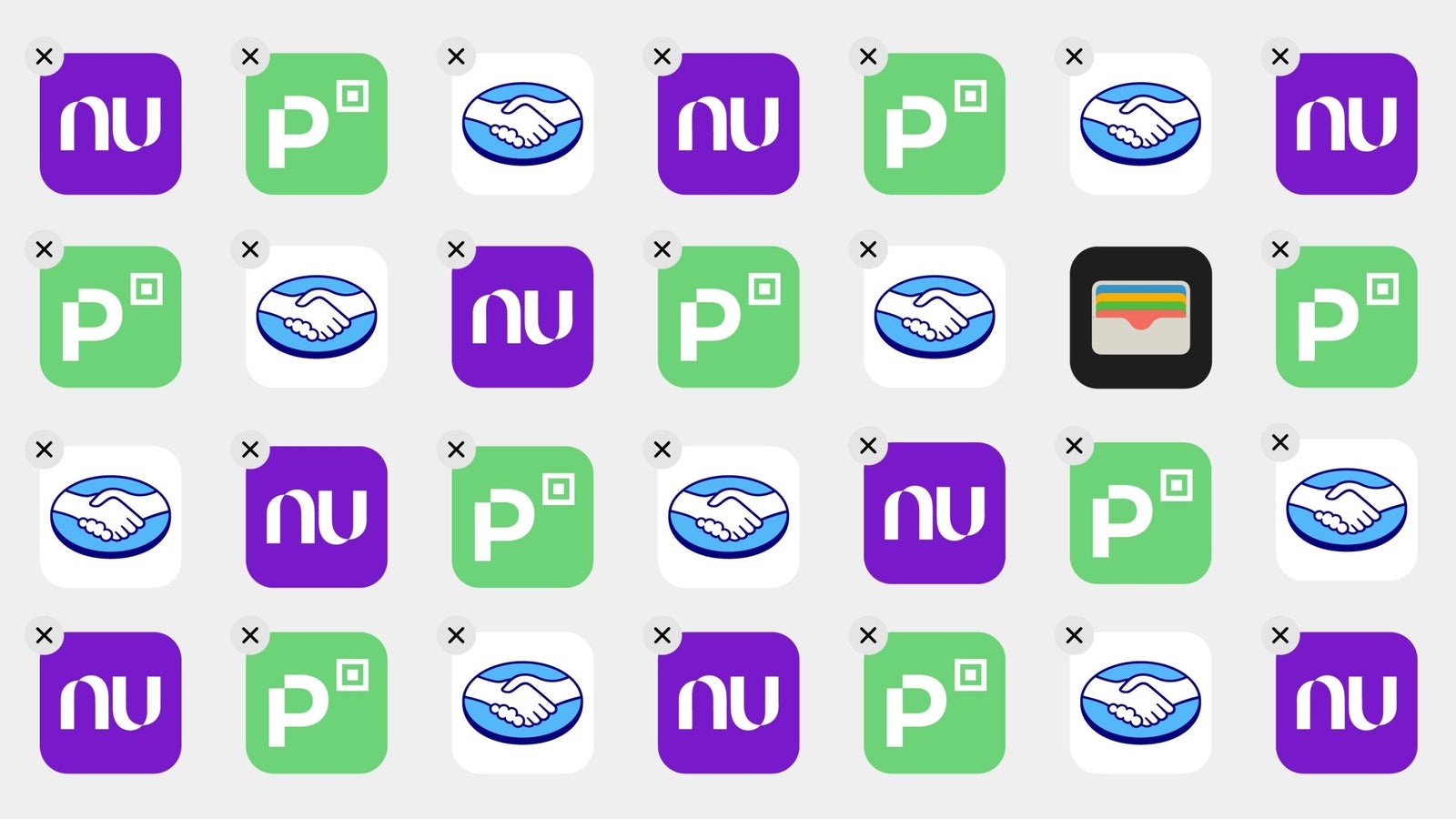 A grid display of various app icons featuring the letters 'nu' and 'P' in different colors, primarily purple and green, along with illustrations of handshake graphics and a black square icon with colorful horizontal stripes, indicating a digital or finance-related theme.
