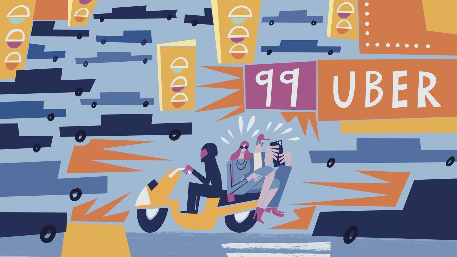 An illustrated scene depicting two passengers in a yellow motorcycle taxi, one gesturing excitedly while holding a smartphone, with multiple stylized cars and ride-share signs in the background, creating a lively urban atmosphere.