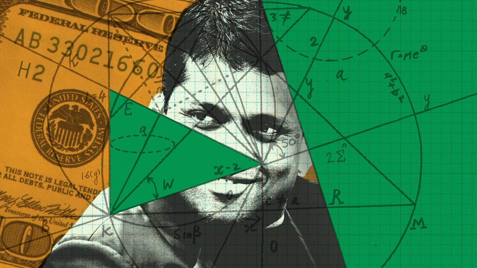 A collage featuring a mathematical graph overlaid with a portrait of a man, combined with a background of a U.S. dollar bill. The image includes various geometric shapes and equations, emphasizing themes of finance and mathematics.