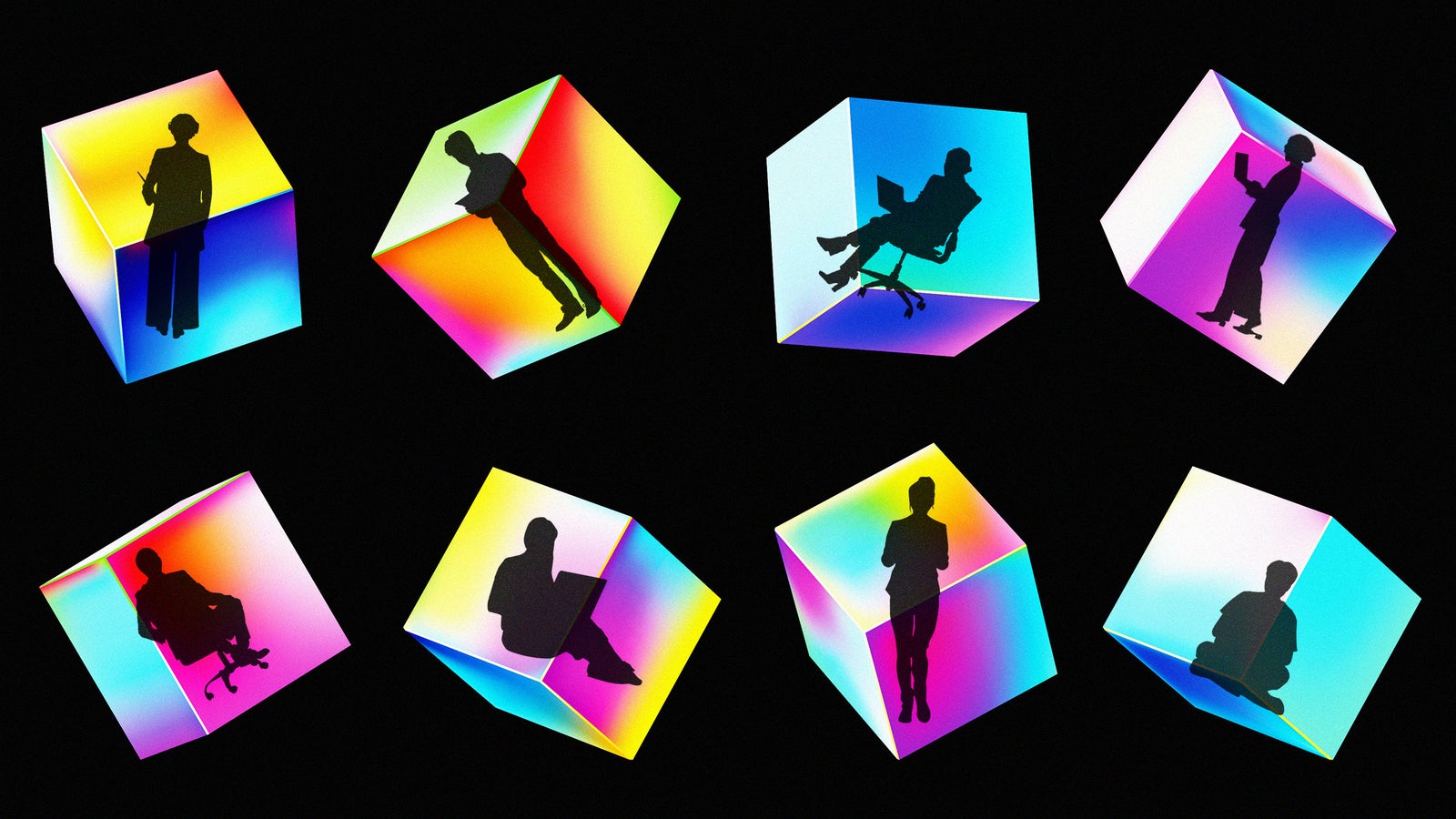 Silhouettes of people in various poses inside colorful, translucent cubes against a black background.