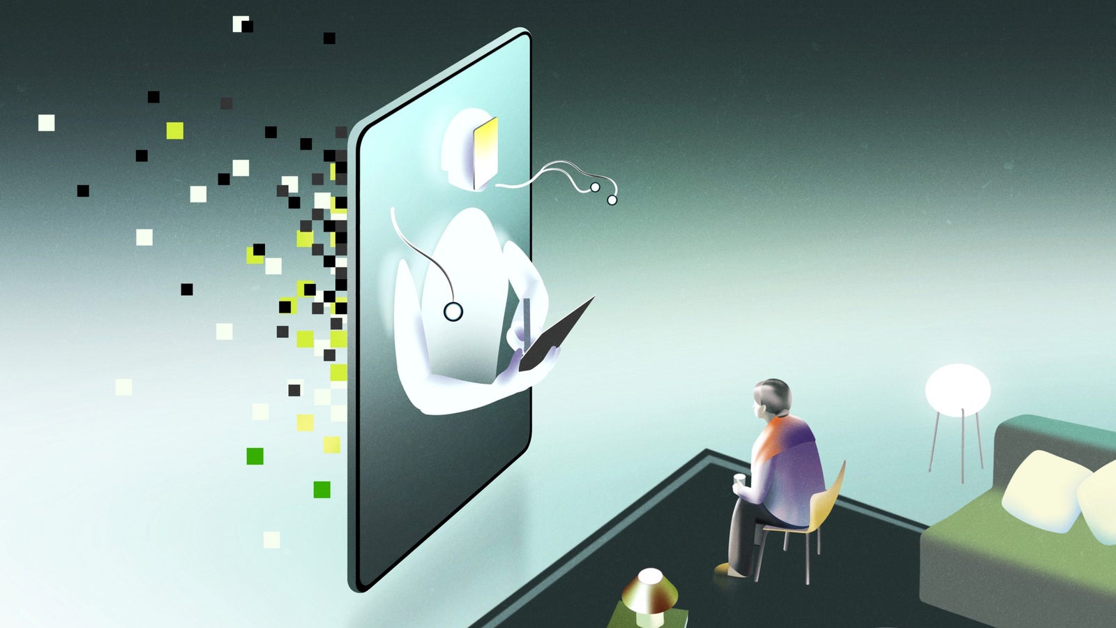 A digital illustration showing a man sitting in a chair, looking at a large screen displaying a ghostly figure with a glowing head and arms holding a tablet. The background features pixelated elements dispersing from the screen, creating a sense of digital interaction, with a modern living room setting, including a table with a lamp and a sofa.