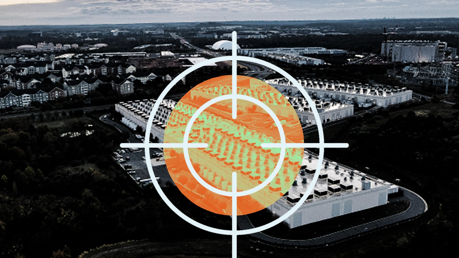 Aerial view of a large data center with a target overlay, surrounded by residential areas and industrial buildings.