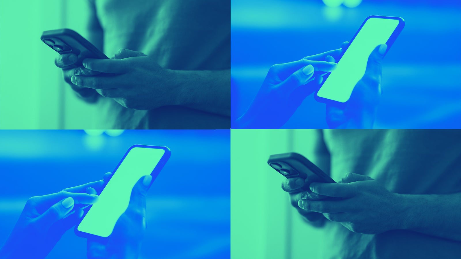 A collage of four images showing hands holding a smartphone, with a blue-green color filter applied.