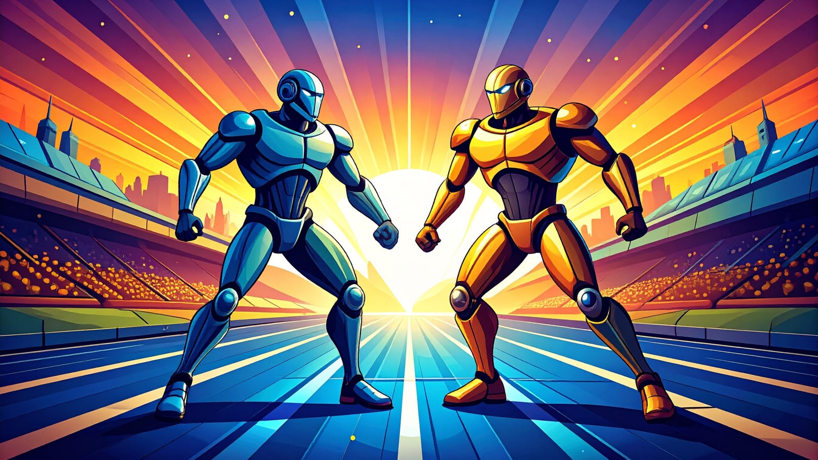 Two stylized robots, one blue and one yellow, stand facing each other with clenched fists in a dynamic pose against a vibrant sunset background, featuring rays of light and a stadium filled with spectators.
