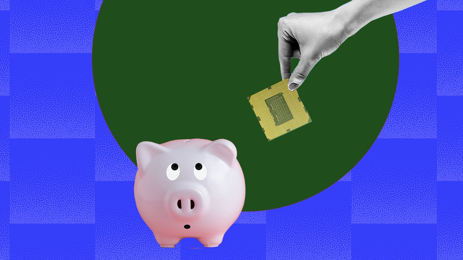 A hand places a computer chip into a pink piggy bank, set against a blue and green background.
