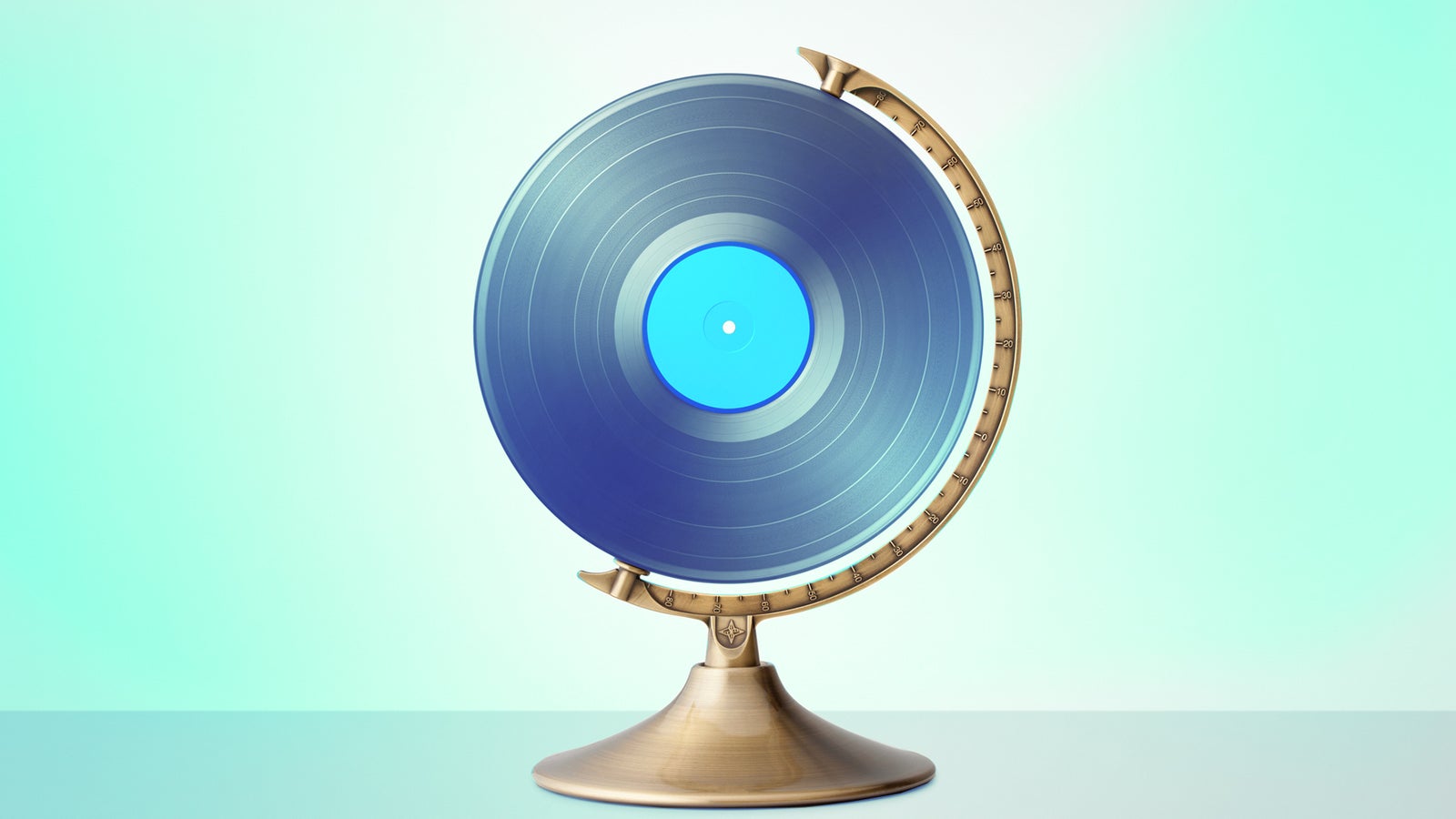 A decorative globe designed to resemble a vinyl record, set on a golden stand, against a light gradient background.