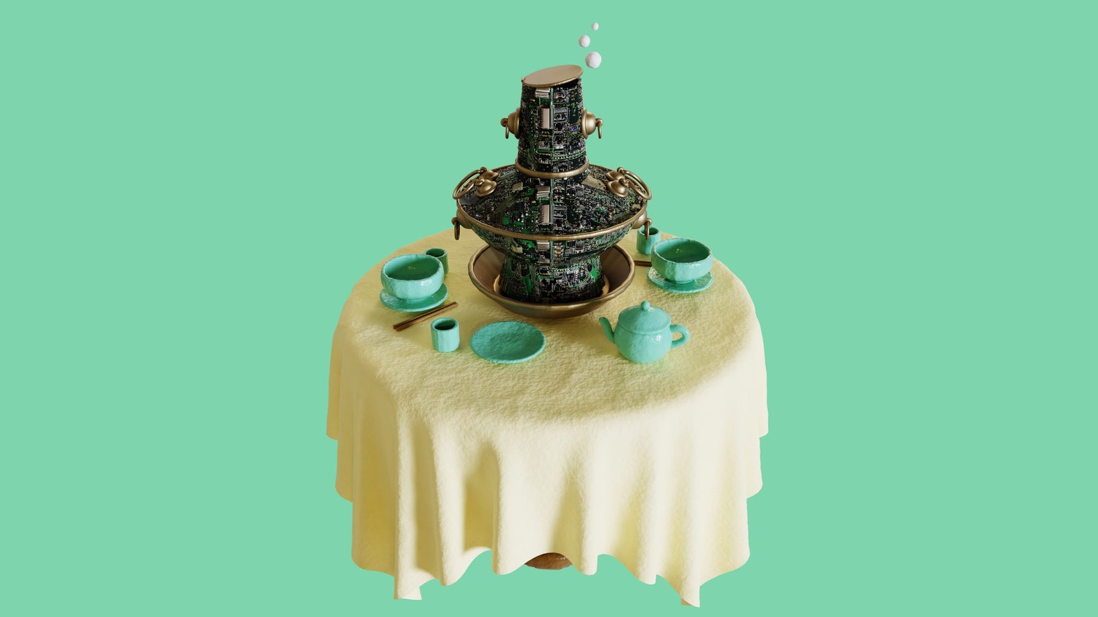 A whimsical tea set featuring a futuristic teapot and cups on a yellow tablecloth against a mint green background.