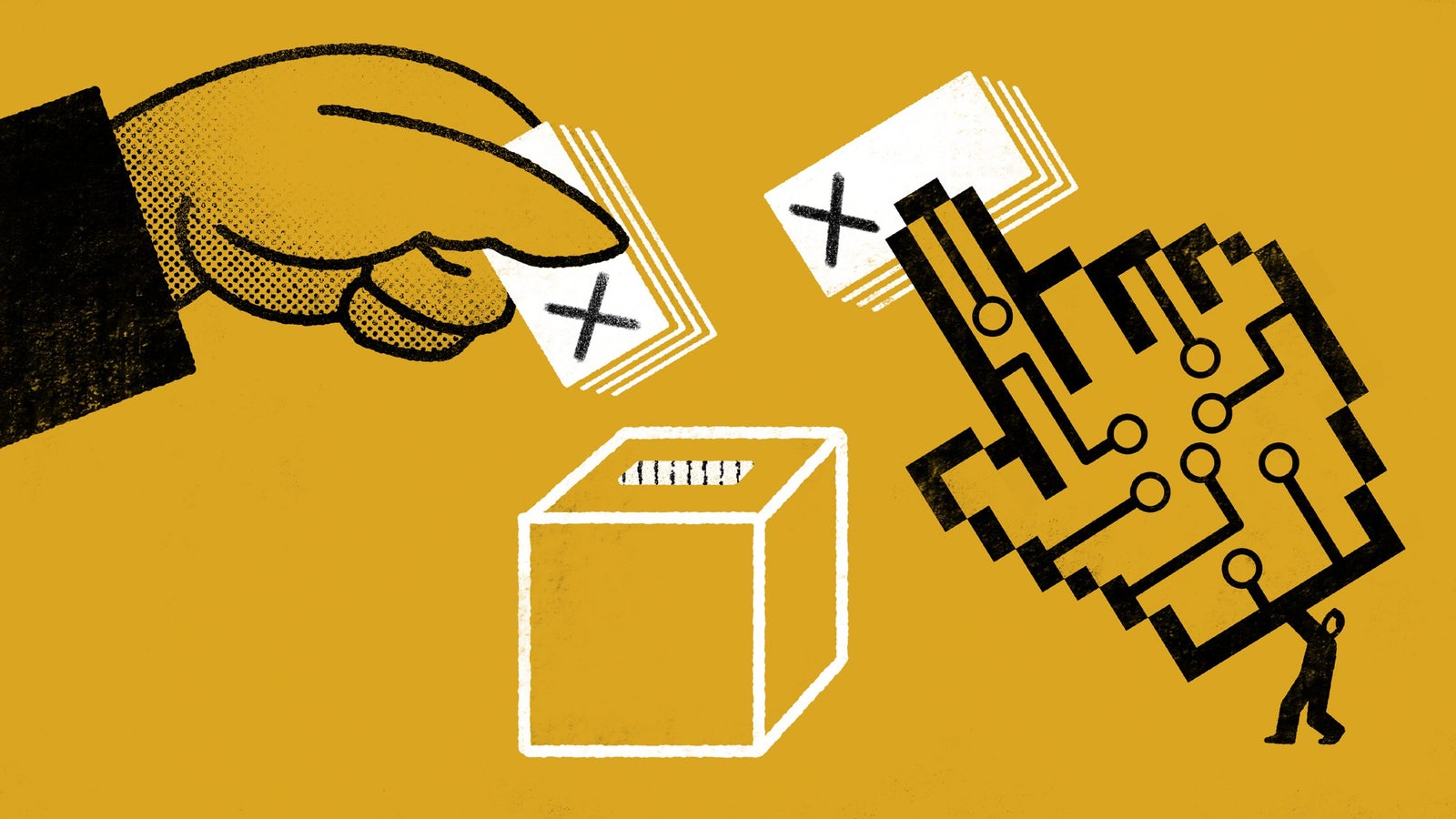 An illustration of a hand dropping ballots into a box, alongside a circuit-like hand, against a yellow background.