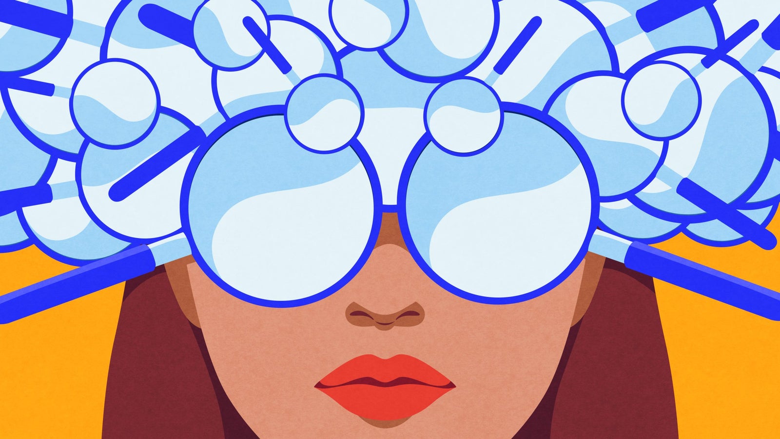 An illustration of a woman's face wearing large round glasses, with a colorful cloud of bubbles and rods above her head, set against a bright yellow background. She has bold red lips and a neutral expression.