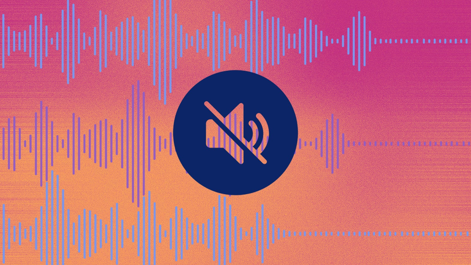 An abstract graphic featuring soundwaves in blue and pink hues, with a central icon of a muted speaker symbolizing silence or muted audio.