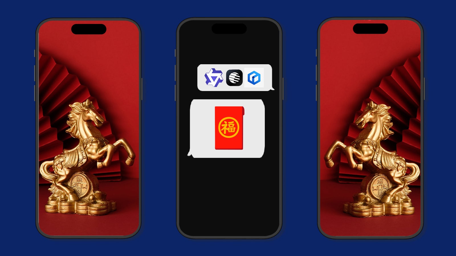 A golden horse statue stands on coins, flanked by smartphones displaying icons and a red speech bubble.