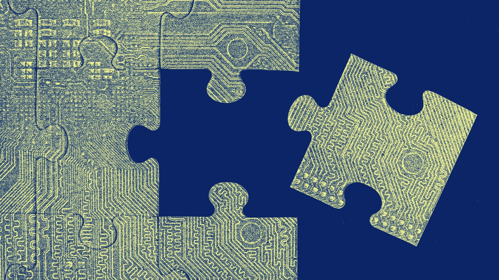 A puzzle piece with a circuit board design is being placed into a matching gap in a blue background.