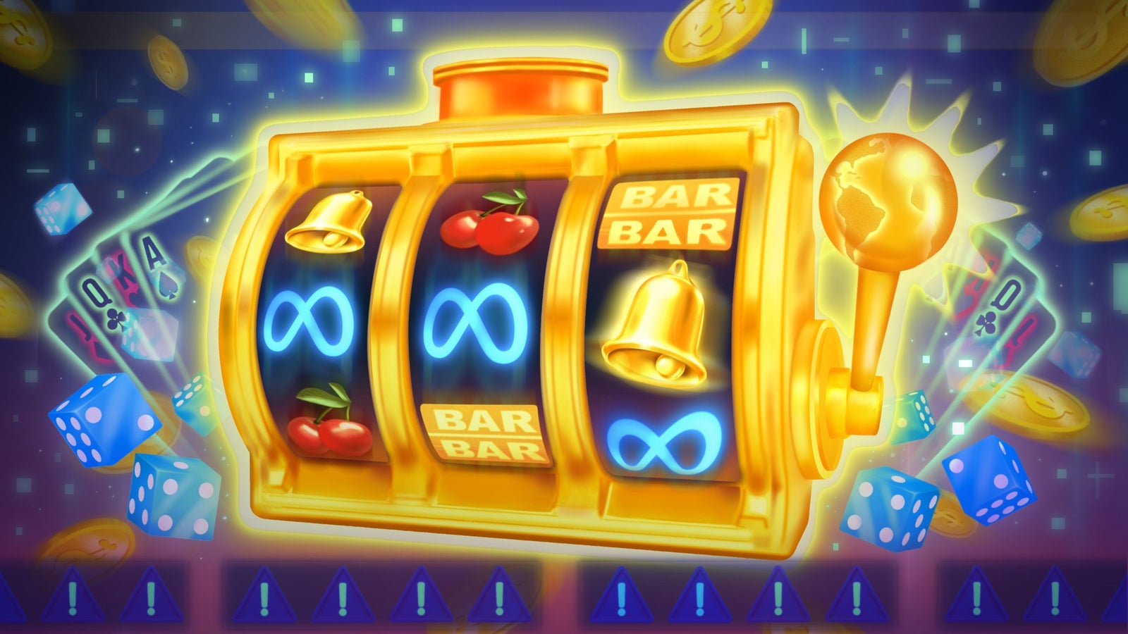 A colorful golden slot machine featuring cherries, bells, and 'BAR' symbols, surrounded by dice and coins.