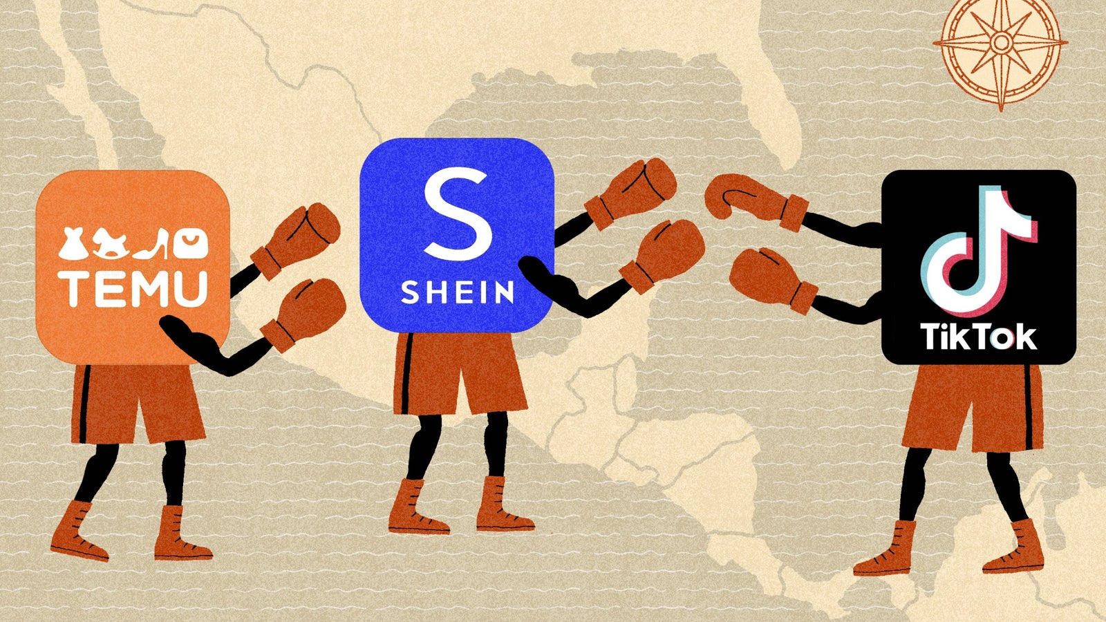 An illustration depicting three cartoon-like boxing figures representing the logos of Temu, Shein, and TikTok, wearing boxing gloves and positioned in a fighting stance on a map background.
